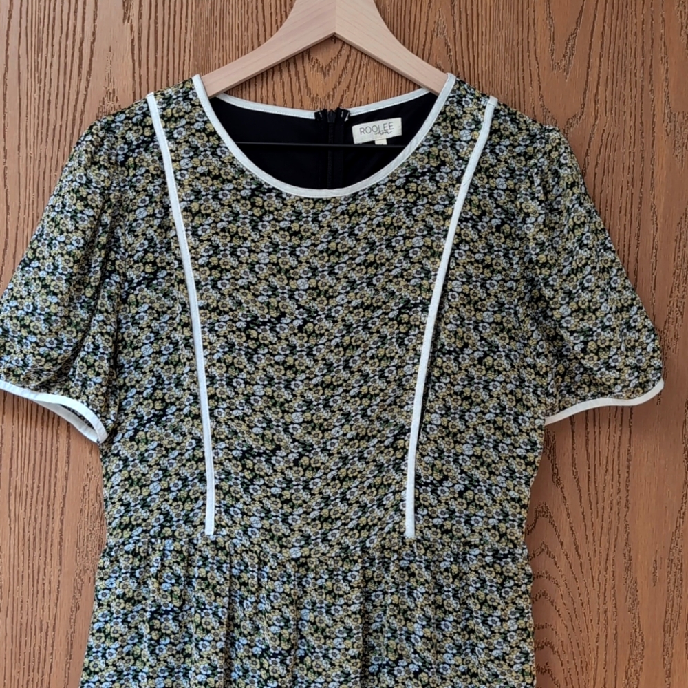 Roolee Black Floral Midi Dress with White Piping